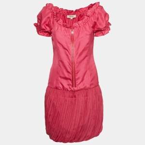 Kenzo Pink Silk Ruffled Zip Front Short Dress S