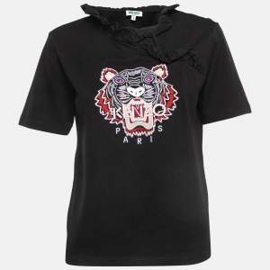 Pre Owned Kenzo Black Tiger Embroidered Cotton Ruffled T-Shirt S