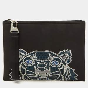 Kenzo Black Fabric Tiger Print Flat Zip Pouch