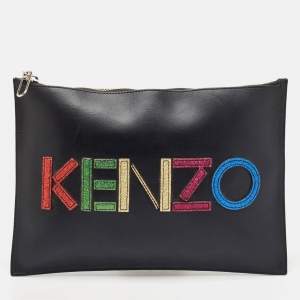 Kenzo Black Leather Logo Flat Zip Pouch