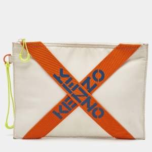 Kenzo Cream/Orange Criss Cross Logo Print Nylon Zip Pouch