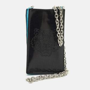 Pre Owned Kenzo Black/Blue Patent and Leather Tiger Embossed Phone Crossbody Bag