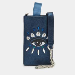 Pre Owned Kenzo Metallic Blue Leather Eye Studded Phone Crossbody Bag