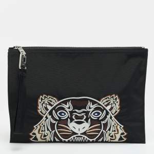 Pre Owned Kenzo Tiger Embroidered Black Nylon Flat Pouch 