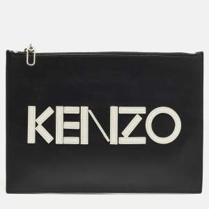 مملوكة مسبقًا Kenzo Logo Black/White Leather Zipped Pouch