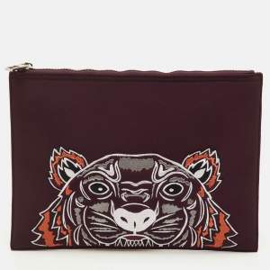 مملوكة مسبقًا Kenzo Tiger Embroidered Burgundy Neoprene Zip Pouch Clutch
