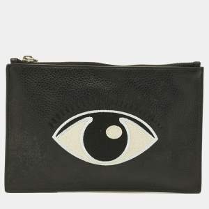 Pre Owned Kenzo Eye Embroidered Black Leather Pouch