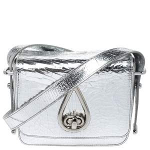 Kenzo Metallic Silver Cracked Leather Raindrop Crossbody Bag