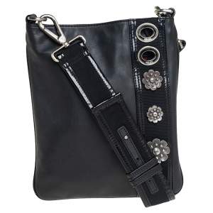 Kenzo Black Leather and Patent Leather Trim Metal Floral Embellished Messenger Bag