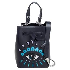 Pre Owned Kenzo Navy Blue Leather Mini Eye Bucket Bag