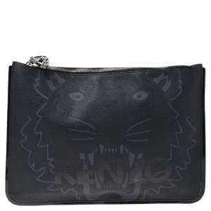 مملوكة مسبقًا Kenzo Black Tiger Print Coated Canvas and Patent Leather Wristlet Pouch
