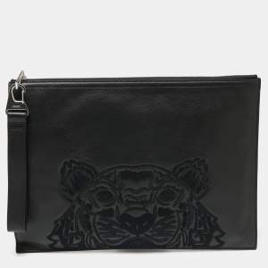 مملوكة مسبقًا Kenzo Black Leather Tiger Motif Clutch