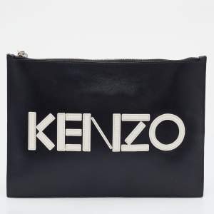 Kenzo Black Leather Logo Zipped Pouch