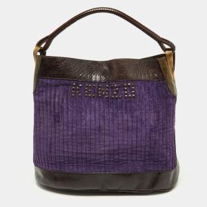 Pre Owned Kenzo Purple/Brown Stripe Velvet and Leather Studded Hobo