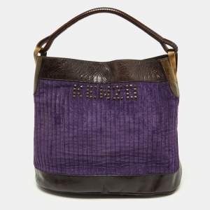 Kenzo Purple/Brown Stripe Velvet and Leather Studded Hobo