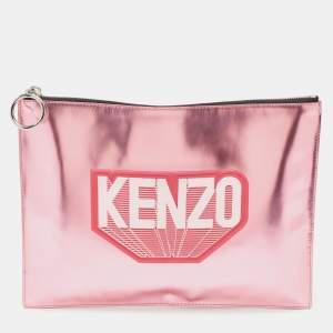 مملوكة مسبقًا Kenzo Metallic Pink Leather Logo Top Zip Pouch