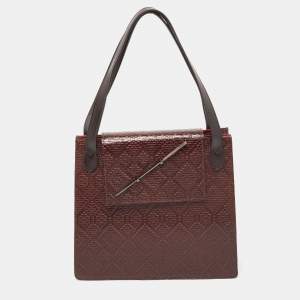 Kenzo Brown Woven Leather Metal Pin Flap Tote