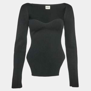 Khaite Black Rib Knit Sweetheart Neck Full Sleeve Top L