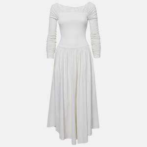 Khaite Off-White Knit Ruched Fit and Flare Midi Dress S