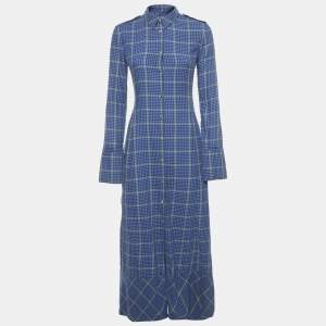 Pre Owned Khaite Blue Houndstooth Cotton Blend Daniella Midi Dress XS 