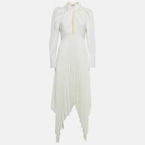 Pre Owned Khaite Ivory Plisse Satin Asymmetric Maxi Dress M