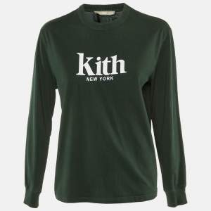 Pre Owned Kith Dark Green Logo Embroidered Cotton Long Sleeve T-Shirt XS 