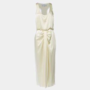 Pre Owned L'Academie Cream Satin Drape Detail Sleeveless Midi Dress XS