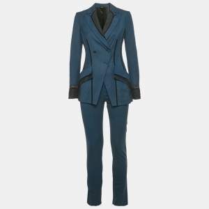 Pre Owned La Perla Blue Houndstooth Wool Lace Inserts Suit S