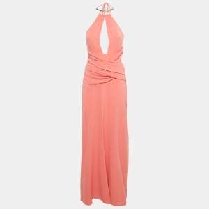 Pre Owned La Perla Pink Silk Halter Neck Draped Maxi Dress M 