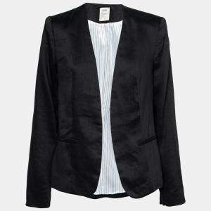 L'Agence Black Linen Open Front Sleeve Slit Detail Blazer M
