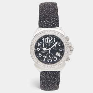 Lancaster Black Stainless Steel Galuchat Leather Diamond Ref.0226 Women's Wristwatch 39 mm