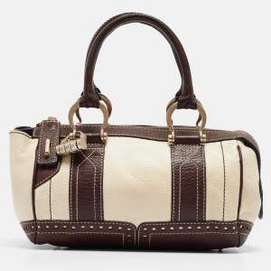 Lancel Brown/Off White Leather Lock Detail Satchel