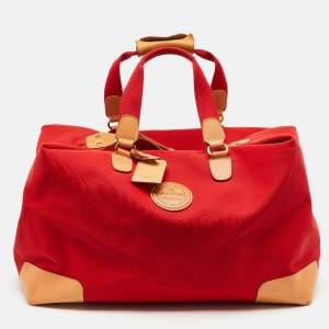 Lancel Red/Tan Canvas and Leather Trim Weekend Duffel Bag