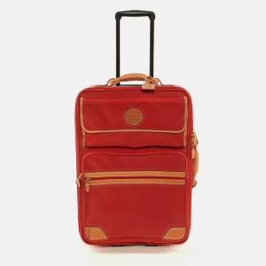 Lancel Red/Tan Canvas and Leather Rolling Suitcase Luggage