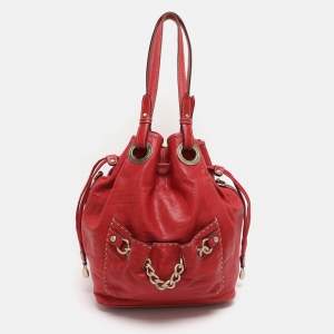 Pre Owned Lancel Red Leather Drawstring Hobo
