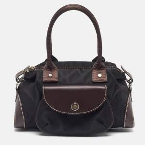 Pre Owned Lancel Front Pocket Black/Dark Brown Nylon and Leather Satchel