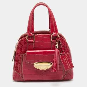 Pre Owned Lancel Adjani Fuchsia Croc Embossed Leather Satchel