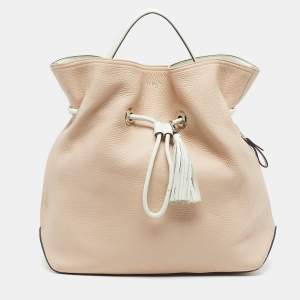 Pre Owned Lancel Drawstring Beige/White Leather Bucket Bag