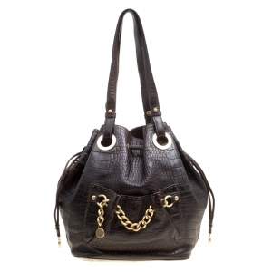 Lancel Dark Brown Croc Embossed Leather Drawstring Bucket Bag
