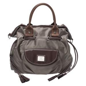 Lancel Olive Green/Brown Nylon and Leather Drawstring Hobo