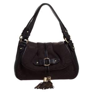 Lancel Brown Canvas and Leather Tassel Flap Shoulder Bag