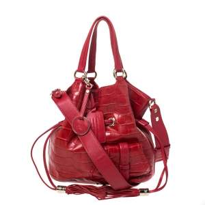 Lancel Red Croc Embossed Leather Premier Flirt Bucket Bag