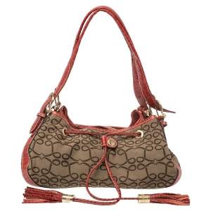 Lancel Brown/Red Signature Canvas and Croc Embossed Leather Shoulder Bag