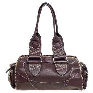 Lancel Mocha Brown Whipstitch Leather Side Pocket Satchel