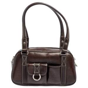 Lancel Dark Brown Lizard Embossed Leather Front Pocket Satchel