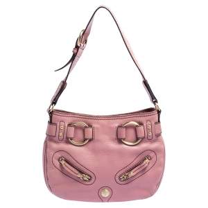 Lancel Pink Grained Leather Buckle Hobo