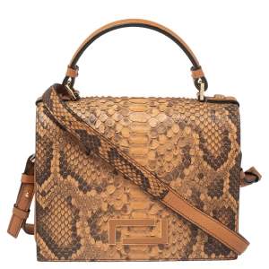 Lancel Tan Python and Leather Flap Top Handle Bag