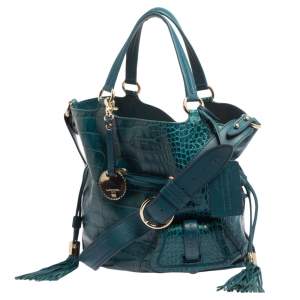Lancel Teal Croc Embossed Leather Premier Flirt Bucket Bag