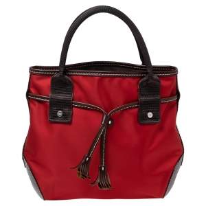 Lancel Red/Brown Nylon and Leather Tassel Drawstring Tote