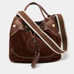Lancel Brown Croc Embossed Leather and Suede Drawstring Shoulder Bag